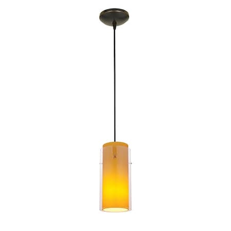 Glassn Glass Cylinder, LED Pendant, Oil Rubbed Bronze Finish, Clear Amber Glass